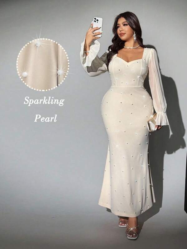 Viva Relle Elegantes romantisches Partykleid in Große Größen für Banketts, luxuriöses langes Maxikleid mit herzförmigem Kragen, Chiffonstoff, Puffärmeln, Perlendekor und Meerjungfrau-Silhouette