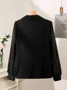 Modelyn Plus Size Sequin Chiffon Puff Sleeve Patchwork Fitted Blazer, Elegant Office Commuter Fashion Fall Cloth For Women - Black - View 2
