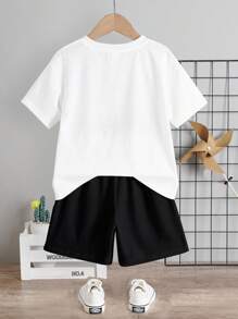 SHEIN Monster Truck & Young Boy Cartoon Pattern Casual Short Sleeve T-Shirt And Shorts 2pcs Set, Summer Retro Kids Outfitboys Outfit Kids Setkids Retro Outfit