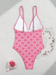 Swim Vcay New Summer V-Neck Sleeveless Backless Printed One Piece Swimsuit, Fashion Holiday Style - Pink - View 7