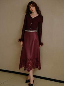 MOTF PREMIUM CONTRAST LACE PU LEATHER SKIRT - Burgundy - View 7