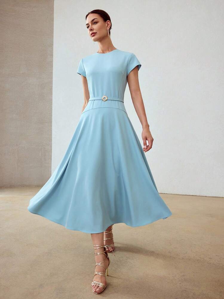 SOLID CAP SLEEVE FLOWY HEM BELTED DRESS