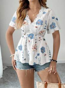 SHEIN LUNE Plus Size Women V-Neck Floral Ruffle Trim Short Sleeve Tie Waist Floral Vacation Romantic Elegant Blouse