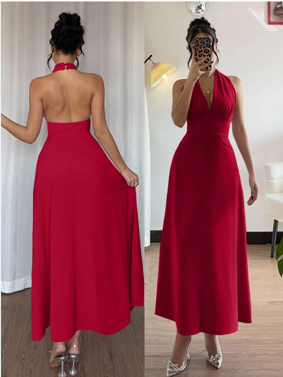 Rafferiza Đầm dài hở lưng không tay màu trơn cho nữ, gợi cảm - Đỏ - Xem 1
