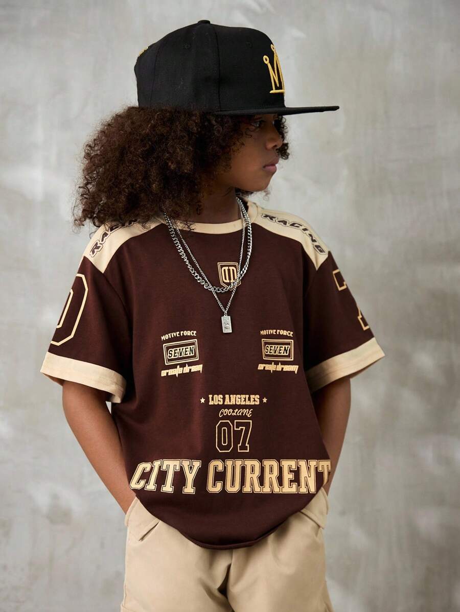 Coolane Kids Tween Boys Spring/Summer Round Neck Short Sleeve Letter Printed Casual Brown T-Shirt Parent-Child Clothing - Coffee Brown - View 1