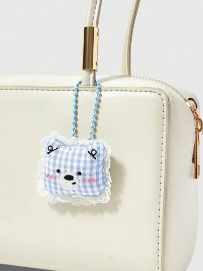 Kawaii Porte-clés en forme d'ours en peluche à carreaux bleus, pendentif ornemental mignon et doux avec chaîne de perles, décoration de breloque de sac à main