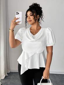 Elenzga Blusa de mujer talla grande casual, elegante, sexy y romántica de unicolor con mangas de obispo cortas y cuello drapeado - Blanco - Ver 3