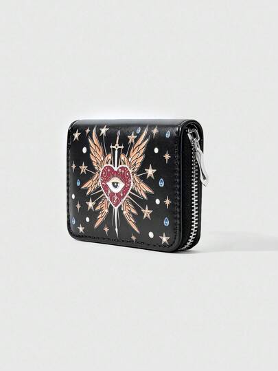 Goth 1 pièce Portefeuille/porte-monnaie court minimaliste pour femme avec impression de fermeture éclair, larme, croix, aile