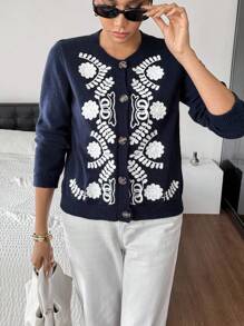 SHEIN Frenchy Women's French Casual Floral Embroidered Cardigan,Navy Blue Floral,Autumn,Vintage,Brunch,Single-Breasted Long Sleeve Tops,Old Money Business Casual - Multicolor - View 4