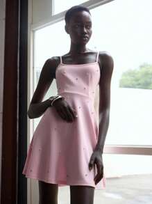 Lumivelle Women's Solid Color Mesh Ruffle A-Line Slip Dress - Pink - View 7