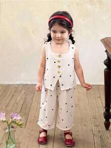 LMoss Kids LMoss 女婴纯色梭织休闲爱心图案上衣和宽松裤子两件套 - 杏色 - 查看 2