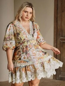 Anewsta 大码女式优雅 V 领灯笼袖拼布花卉印花腰带 A 字连衣裙，适合度假、春夏季节、毕业典礼 - 黃色 - 查看 5