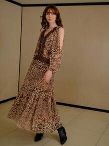 MOTF PREMIUM LEOPARD PRINT COLD SHOULDER LANTERN SLEEVE LACE TRIM FLOWY HEM LONG DRESS - Multicolor - View 4
