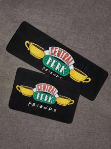 FRIENDS X SHEIN 1 pieza Felpudo de cocina antideslizante e impermeable con patrón de taza de café de dibujos animados, fácil de limpiar, disponible en dos tamaños, color negro resistente a la suciedad