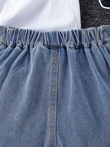 SHEIN 年轻女孩儿童女孩休闲时尚褶皱设计裤，带蝴蝶结侧边带，水洗牛仔蓝色舒适腰部百搭短裙，新款简约街头时尚 - 中等水洗藍 - 查看 3