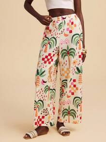 Travachic Vacation Printed Loose Wide Leg Women's Pants Printed Pants Wide Leg Pants Boho Pants Tropical Print Pants Summer Pants Vacation Pants Autumn Winter Summer Spring Beautiful Pants