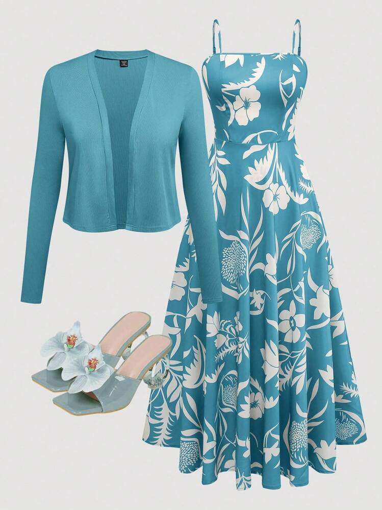 Franclia Conjunto de 2 peças Plus Size Feminino: Cardigã de Manga Longa de Cor Sólida com Aberta na Frente e Vestido Camisole com Estampa Floral - Azul petróleo - Visão 1