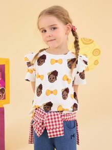 Blippi X SHEIN 2pcs/Set Young Girl Cartoon Star Letter Graphic Loose Raglan Short Sleeve Ruffle Trim T-Shirt - Multicolor - View 3