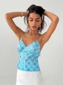 Siren Gaze Women's Elegant Blue Sequin Embellished Embroidery Halter Backless Crop Top,Streetwear Old Money Style Tank Top,Summer,Blues,Seksi Chic,Party Night - Mint Blue - View 6