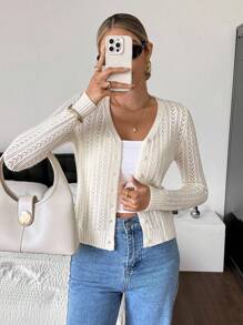 Siren Gaze 女士纯色简约长袖开衫、可爱毛衣、短款毛衣、针织毛衣、秋冬装、黄色女装、长袖上衣 - 杏色 - 查看 6