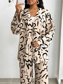 SHEIN Lady Beige,Autumn,Chic,Vacation Women's Two-Piece Set Elegant Printed Tie Front Long Cardigan Jacket&Wide Leg Pants Suit Old Money Style Business Casual - Apricot - View 6