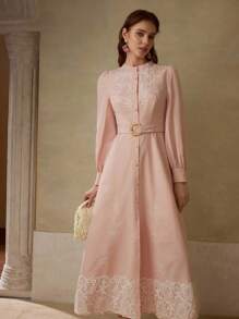 MOTF PREMIUM EMBROIDERY BUTTON UP DRESS - Pink - View 5