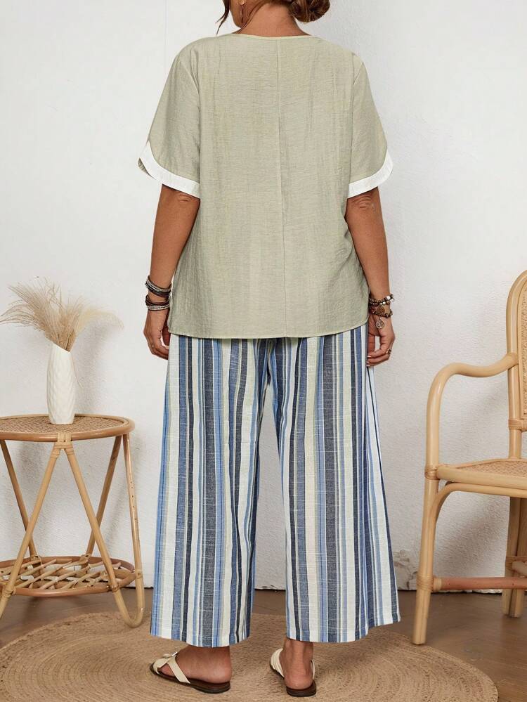 2pcs/Set Plus Size Women's Casual Summer Vacation Round Neck Short Sleeve Blouse And Striped Pants Set With Pockets,Summer Holiday,Vacation Outfits Women,Simple And Fashionable For Everyday Wear,Vacay Vibes,Springbreak,Casual Wear SS,Bohemia