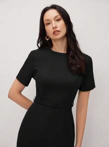 BizChic 2025 女士黑色短袖中长连衣裙，浪漫优雅，百搭，商务休闲，办公室穿着，适合日常通勤，优雅复古风格