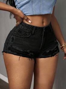 Slaydiva Pantalones cortos vaqueros skinny con bolsillos, deshilachados y borde desgastado para mujer de talla grande - Negro - Ver 1