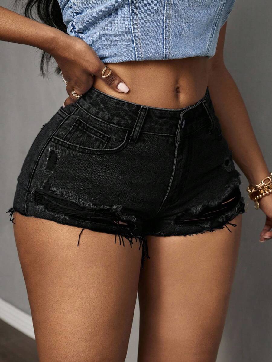 Slaydiva Pantalones cortos vaqueros skinny con bolsillos, deshilachados y borde desgastado para mujer de talla grande - Negro - Ver 1