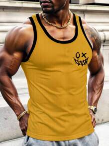 Manfinity LEGND 男士夏季休闲卡通图案斜纹背心 男士黄色背心 男士黄色背心 男士罗纹背心 黄色健身背心 男士夏季背心 - 黃色 - 查看 3