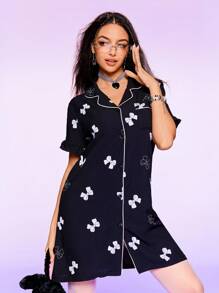 SHEIN 女式休闲前扣蝴蝶印花短袖睡袍，夏季 - 黑色 - 查看 5