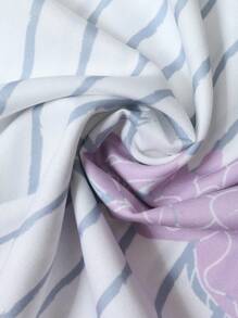 Irokai Stripe & Floral Print Batwing Sleeve Top And Mini Skirt Yukata Kimono Set(Without Fan)