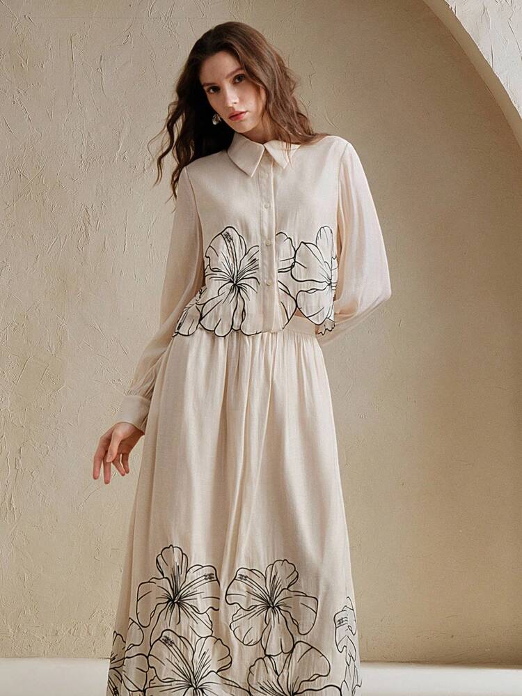 2pcs/Set Old Coin Leisure Casual Embroidery Long Sleeve Shirt Blouse + High Waist A-Line Embroidery Long Skirt Set For Women