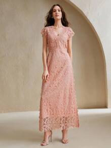 Anewsta 浪漫宴会性感V领蕾丝刺绣串珠盖袖女式连衣裙