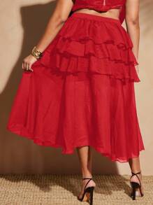 Vixey Plus Size Solid Chiffon Layered Ruffle Skirt,Boho, Festival - Red - View 3