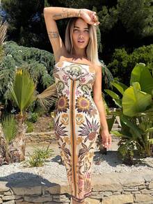 Manon Tanti Spring/Summer Outfits Boho Vacation Elegant Casual Western Wear Music Festival For Women Apricot National Positioning Print Bodice Sheath Mid-Length Dress - Multicolor - View 5