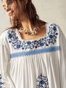 Bohemela 大码女式花卉刺绣落肩长袖宽松衬衫