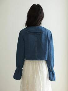 SHEIN EZwear 女士秋季领带长袖牛仔夹克，荷叶边开衫夹克，韩版风格，返校节礼服，女士秋季服装，复古风格女士 - 中等水洗藍 - 查看 4