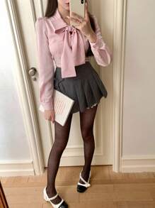 DAZY 女士修身性感学院风条纹全印花假围巾领带灯笼袖长袖衬衫，适合春夏秋季毕业季和返校季，秋季女装 - 粉色 - 查看 7