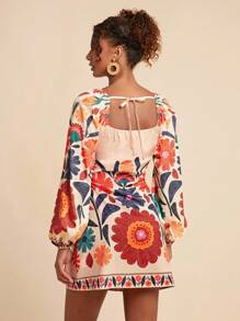 Travachic Women's Casual Floral Print Tie-Front Mini Wrap Dress, Resort Wear,Fall Women Clothes,Fall Clothes,Wrap Dress,Vacation,Homecoming Dress - Apricot - View 5