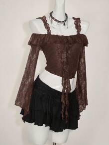 SHEIN ICON Women's Off The Shoulder Hippie Boho Elegant Ruffled Ruffle Long Sleeve Lace Blouse Western Wear Women Brown Lace Crop Top,Y2k Tops