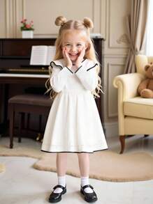 SHEIN Baby Girl Fashion Cute Versatile Ruffle Trim Knit Sweater Dress, Outerwear Fall Winter - Beige - View 3