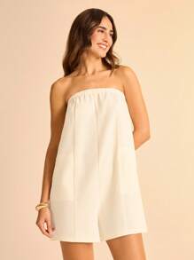 CAJUNI 女士白色半透明亚麻纹理无肩带连体裤，带口袋，休闲度假的理想之选。连体裤，女士连体裤，女士背带裤，纯色连体裤，白色女士连体裤，亚麻裤，女士亚麻裤。 - 白色 - 查看 6