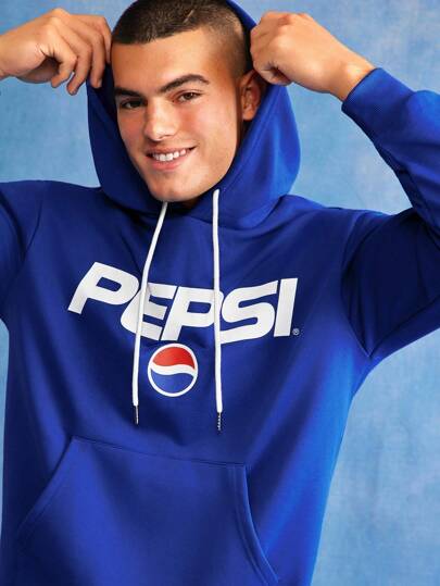 PEPSI X SHEIN Men's Casual Everyday Letter Graphic Pocket Drawstring Hoodie , Fall