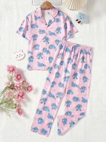 Tween Girl' Stylish Print V-Neck Fireproof Fabric Sweet Pink & Blue Graphic Short Sleeve Top & Pants Home Outfit Cute Pj Sets Young Girl Summer Outfits