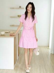 K-Vae Women's Pink Stripe Summer Casual Brunch Shirt Mini Dress,Short Sleeve Single Breasted Mottled Collar College Dress,Back To School Teacher Outfits - Baby Pink - View 1