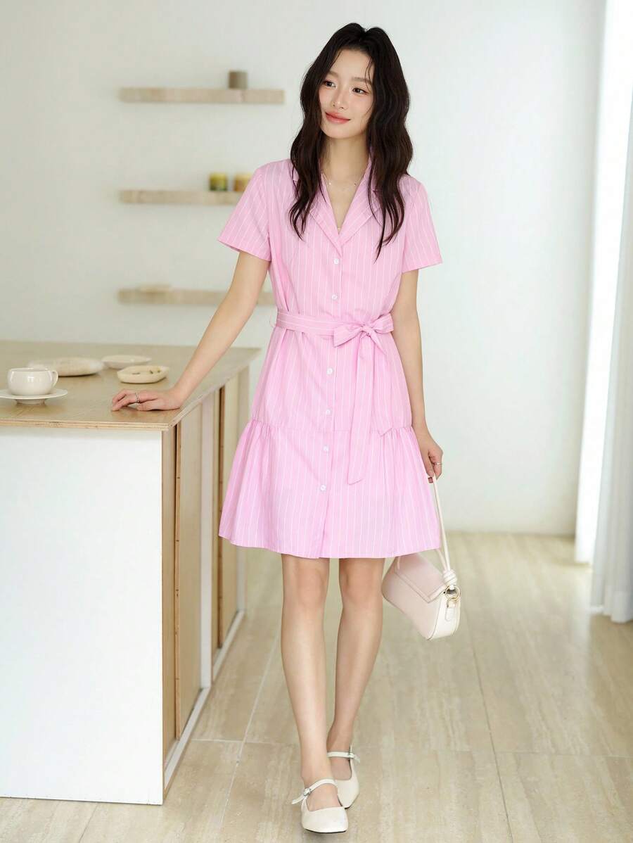 K-Vae Women's Pink Stripe Summer Casual Brunch Shirt Mini Dress,Short Sleeve Single Breasted Mottled Collar College Dress,Back To School Teacher Outfits - Baby Pink - View 1