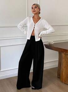 Livesso Cardigan feminino de malha com decote em V, manga comprida, cor sólida, casual, para férias, roupas femininas de outono - Branco - Ver 6