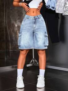 SHEIN Tall Y2K 风格口袋牛仔短裤，水洗休闲女式百慕大短裤骑行裤 - 淺色水洗藍 - 查看 6